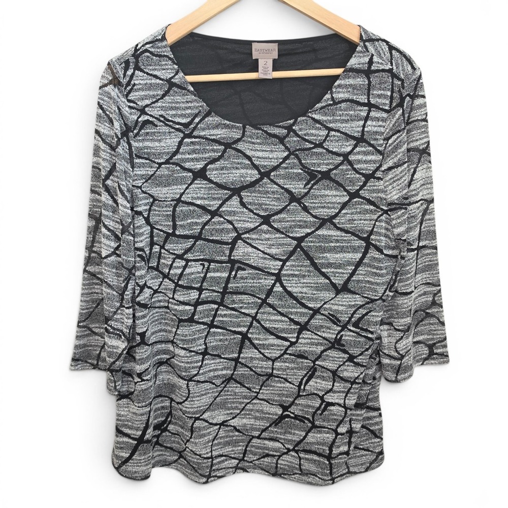 Chicos Easywear Top Womens 2 US Large Gray Scoop Neck 3/4‎ Sleeve Casual